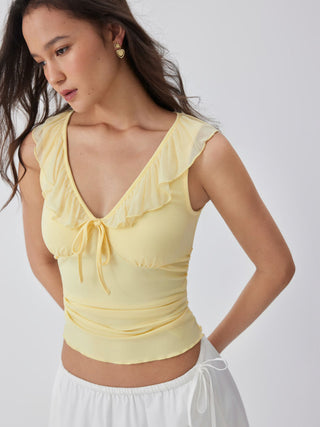 Jersey V-neck Ruffled Bowknot Ruched Tank Top For Daily Casual Date