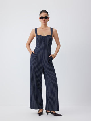 Woven Striped Sweetheart Neck Criss Cross Mid Rise Wide Leg Jumpsuit For Daily Casual Work