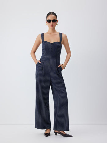 Woven Striped Sweetheart Neck Criss Cross Mid Rise Wide Leg Jumpsuit For Daily Casual Work