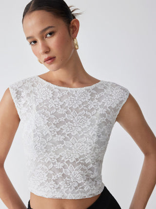Textured Floral Boat Neck Sleeveless Lace Crop Top