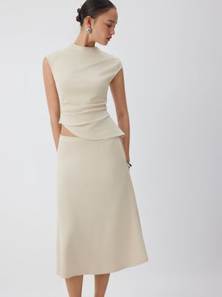 Knit Fabric Mock Neck Ruched Asymmetrical Hem Top & Mid Rise A-line Midi Skirt Set For Daily Casual Work