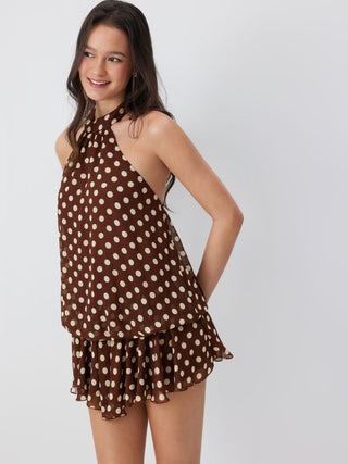 Chiffon Polka Dot Halter Neck Ruffle Bubble Mini Dress