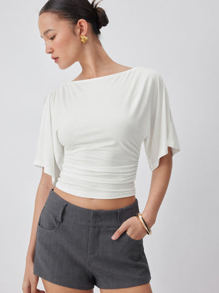 Modal-blend Boat Neck Short Sleeve Cut Out Ruched Top