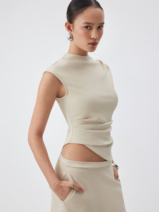 Knit Fabric Mock Neck Ruched Asymmetrical Hem Top & Mid Rise A-line Midi Skirt Set For Daily Casual Work