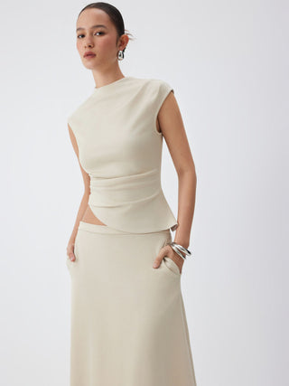 Knit Fabric Mock Neck Ruched Asymmetrical Hem Top & Mid Rise A-line Midi Skirt Set For Daily Casual Work