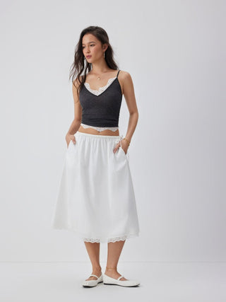 Chiffon Cotton-blend Mid Rise Lace Trim A-line Maxi Skirt For Daily Casual Vacation