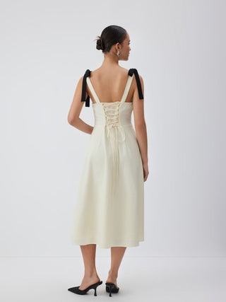Linen-blend Sweetheart Neck Bowknot Lace-up A-line Maxi Dress