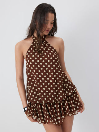 Chiffon Polka Dot Halter Neck Ruffle Bubble Mini Dress