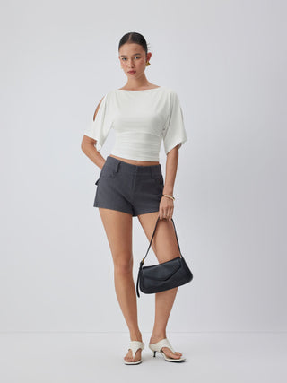 Modal-blend Boat Neck Short Sleeve Cut Out Ruched Top