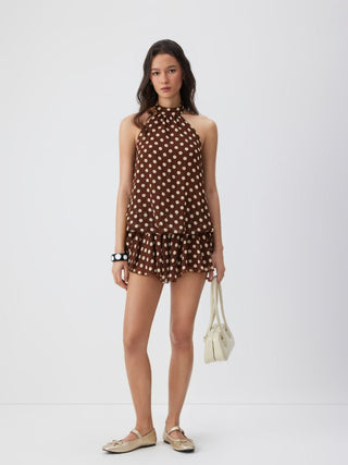 Chiffon Polka Dot Halter Neck Ruffle Bubble Mini Dress