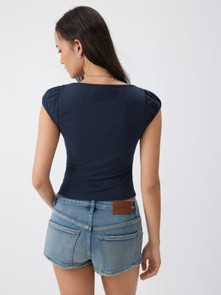 Knit Fabric Cotton-blend Boat Neck Puff Sleeve Crop Tee For School Daily Casual
