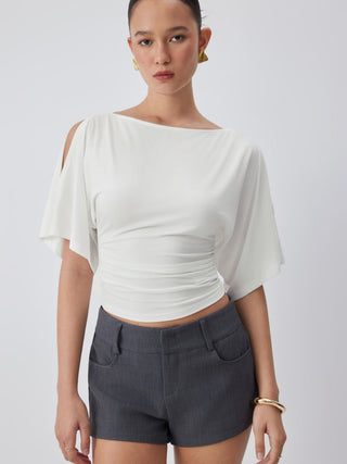 Modal-blend Boat Neck Short Sleeve Cut Out Ruched Top