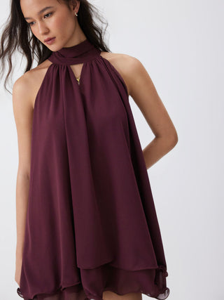 Chiffon Cowl Neck Cut Out Oversized Babydoll Mini Dress