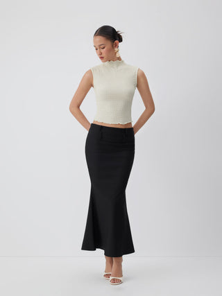 Textured High Neck Lettuce Trim Ruffled Crop Top
