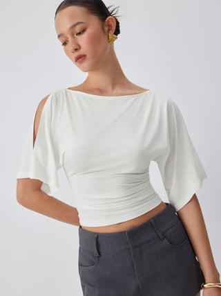 Modal-blend Boat Neck Short Sleeve Cut Out Ruched Top