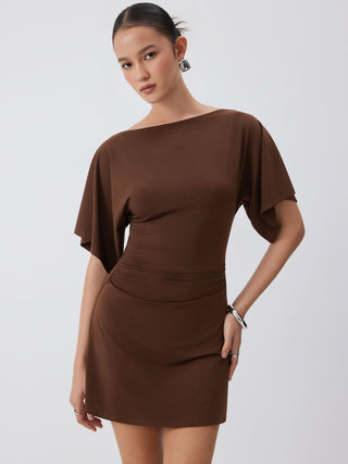 Boat Neck Short Sleeve Ruched A-line Mini Dress