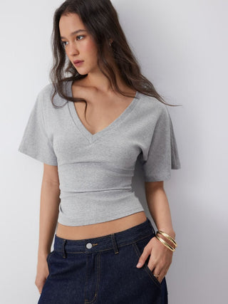 Cotton-blend High Stretch V-neck Short Sleeve Tee