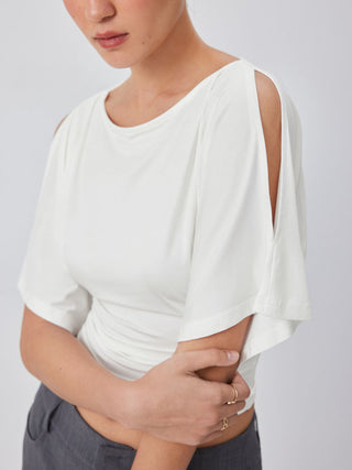 Modal-blend Boat Neck Short Sleeve Cut Out Ruched Top