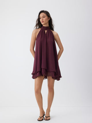 Chiffon Cowl Neck Cut Out Oversized Babydoll Mini Dress
