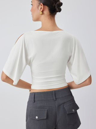 Modal-blend Boat Neck Short Sleeve Cut Out Ruched Top
