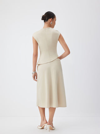 Knit Fabric Mock Neck Ruched Asymmetrical Hem Top & Mid Rise A-line Midi Skirt Set For Daily Casual Work