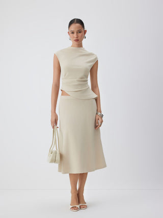 Knit Fabric Mock Neck Ruched Asymmetrical Hem Top & Mid Rise A-line Midi Skirt Set For Daily Casual Work