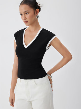 Cotton-blend Colorblock V-neck Tank Top