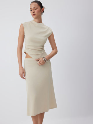 Knit Fabric Mock Neck Ruched Asymmetrical Hem Top & Mid Rise A-line Midi Skirt Set For Daily Casual Work