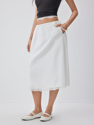 Chiffon Cotton-blend Mid Rise Lace Trim A-line Maxi Skirt For Daily Casual Vacation