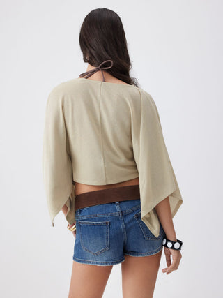 Textured Boat Neck Batwing Sleeve Asymmetrical Oversized Top
