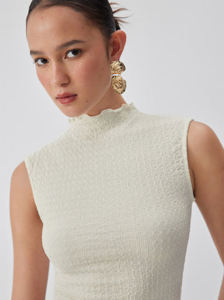 Textured High Neck Lettuce Trim Ruffled Crop Top