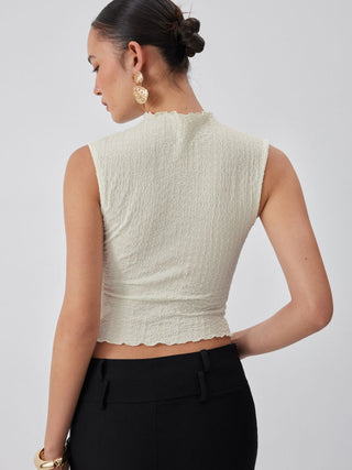 Textured High Neck Lettuce Trim Ruffled Crop Top