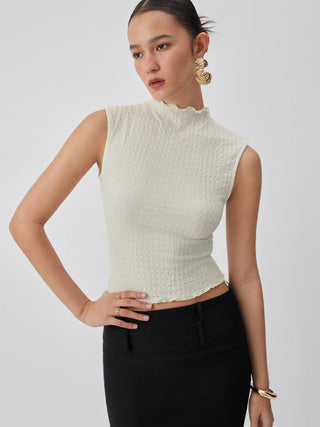 Textured High Neck Lettuce Trim Ruffled Crop Top