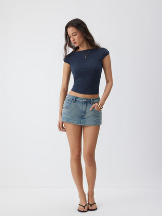 Knit Fabric Cotton-blend Boat Neck Puff Sleeve Crop Tee For School Daily Casual