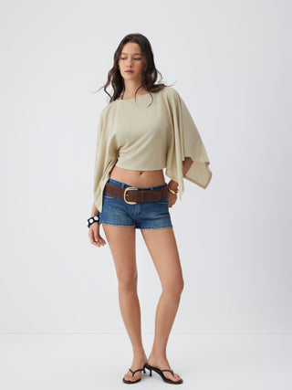 Textured Boat Neck Batwing Sleeve Asymmetrical Oversized Top