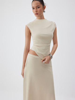 Knit Fabric Mock Neck Ruched Asymmetrical Hem Top & Mid Rise A-line Midi Skirt Set For Daily Casual Work
