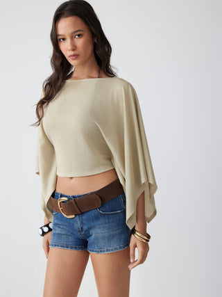 Textured Boat Neck Batwing Sleeve Asymmetrical Oversized Top