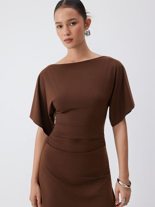 Boat Neck Short Sleeve Ruched A-line Mini Dress