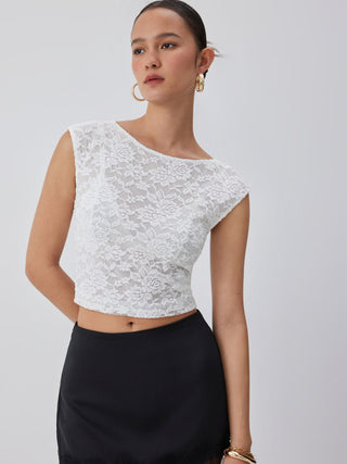 Textured Floral Boat Neck Sleeveless Lace Crop Top