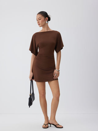 Boat Neck Short Sleeve Ruched A-line Mini Dress