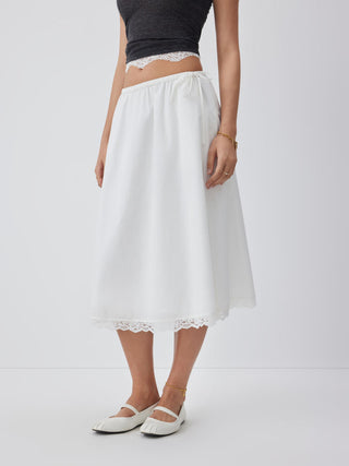 Chiffon Cotton-blend Mid Rise Lace Trim A-line Maxi Skirt For Daily Casual Vacation