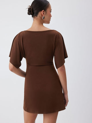 Boat Neck Short Sleeve Ruched A-line Mini Dress