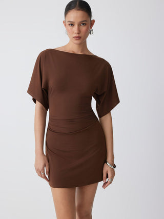 Boat Neck Short Sleeve Ruched A-line Mini Dress