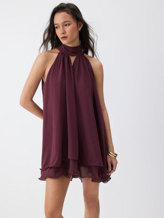 Chiffon Cowl Neck Cut Out Oversized Babydoll Mini Dress