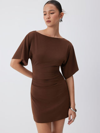 Boat Neck Short Sleeve Ruched A-line Mini Dress