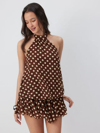 Chiffon Polka Dot Halter Neck Ruffle Bubble Mini Dress