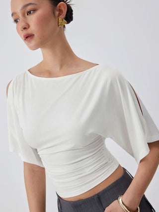 Modal-blend Boat Neck Short Sleeve Cut Out Ruched Top