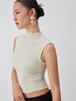 Textured High Neck Lettuce Trim Ruffled Crop Top