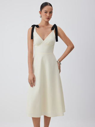 Linen-blend Sweetheart Neck Bowknot Lace-up A-line Maxi Dress