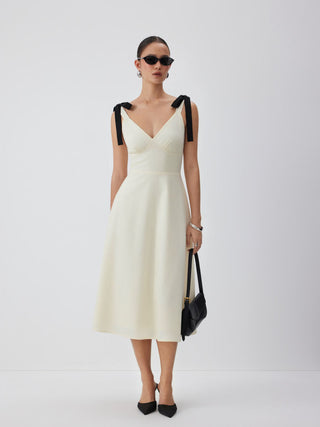 Linen-blend Sweetheart Neck Bowknot Lace-up A-line Maxi Dress